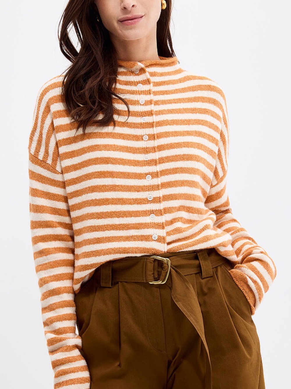 Striped Yellow-Orange Funnel Neck Sweater